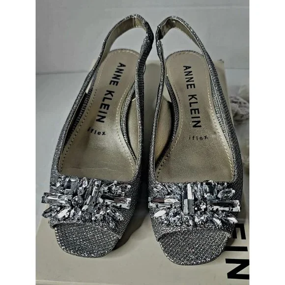 Anne Klein Women's Size 6 Metallic Silver Helissa Embellished Slingback Sandals - Picture 1 of 10